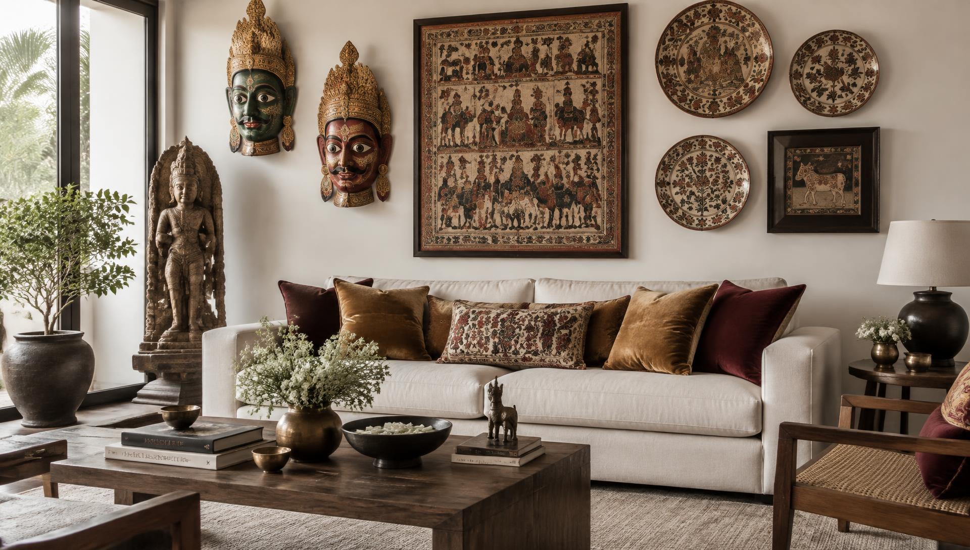 Cheriyal masks and Kalamkari plates in a living room