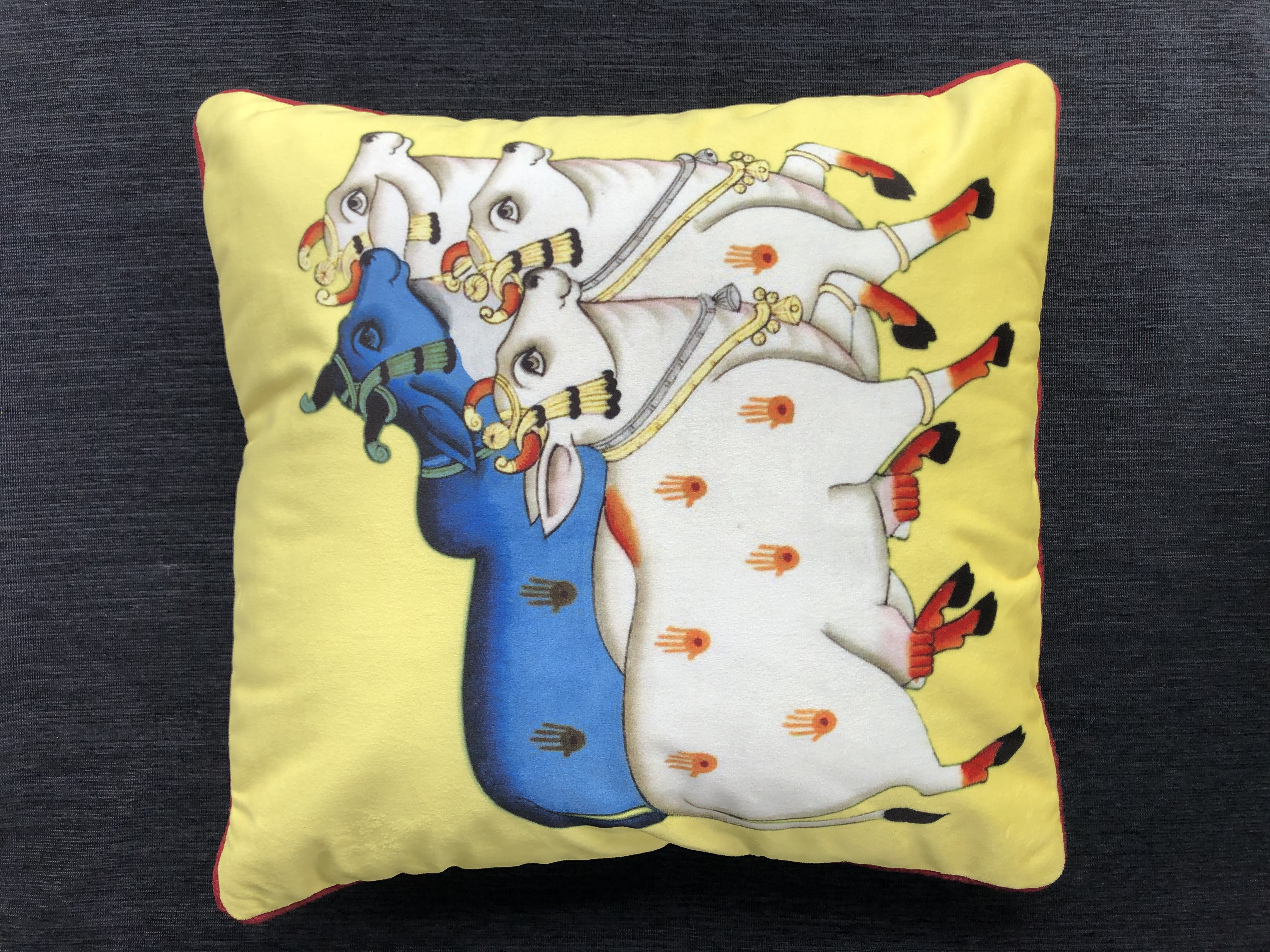 Hand Painted Cow Pichwai Velvet Cushion Cover (16" x 16")