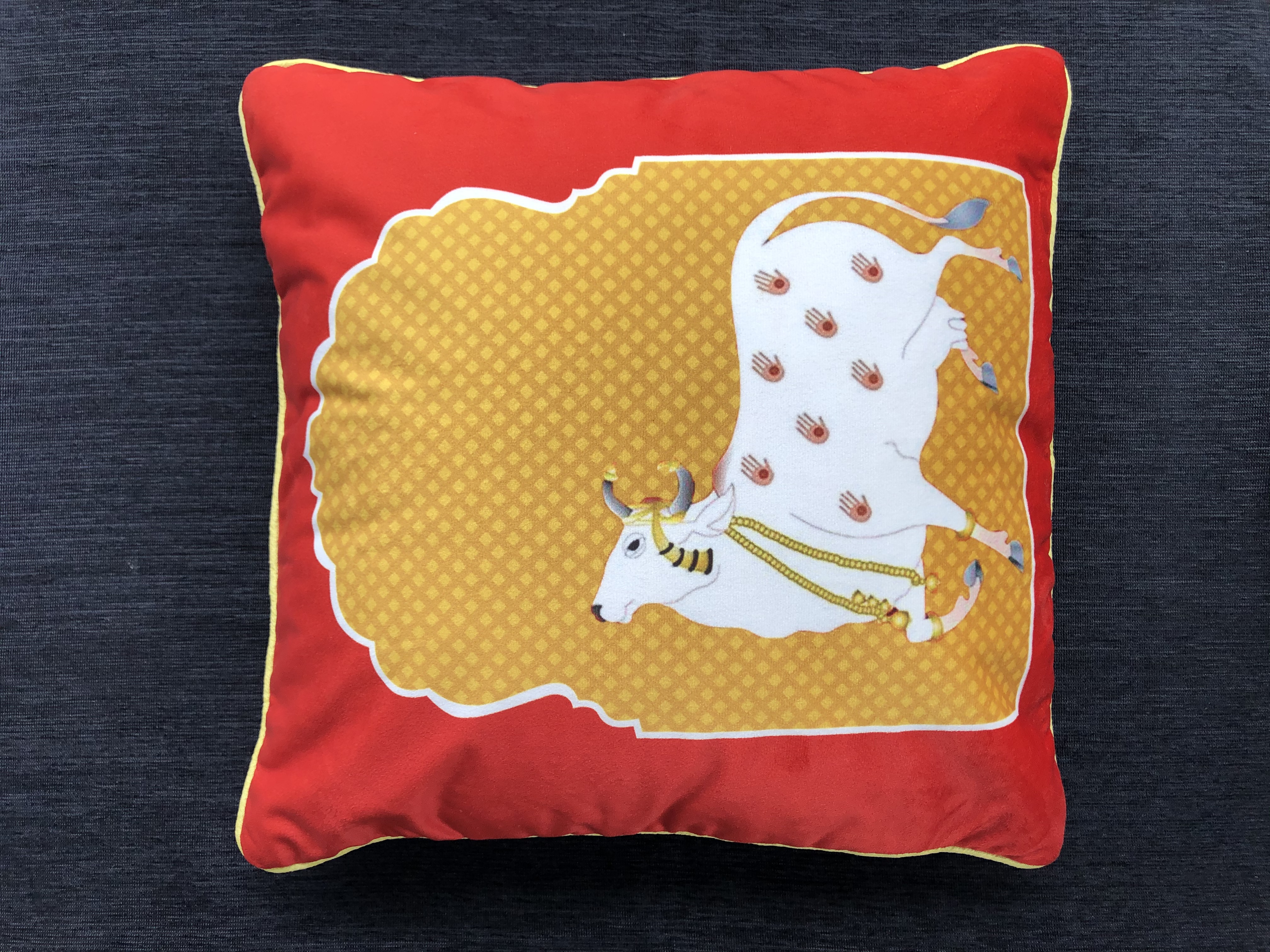 Velvet Cushion Cover Cow Pichwai Hand Painting Printed - 16"x16"