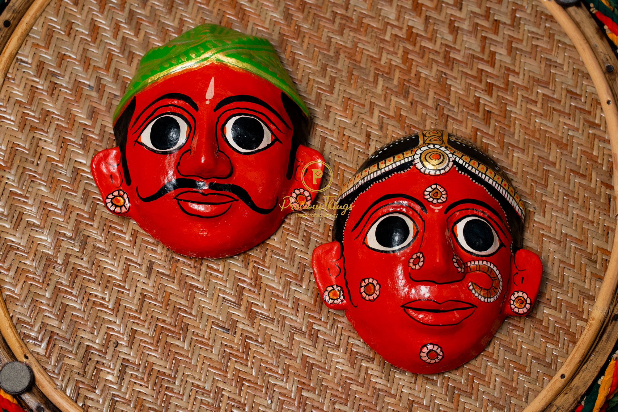 Handcrafted Red Man and Woman Cheriyal Mask