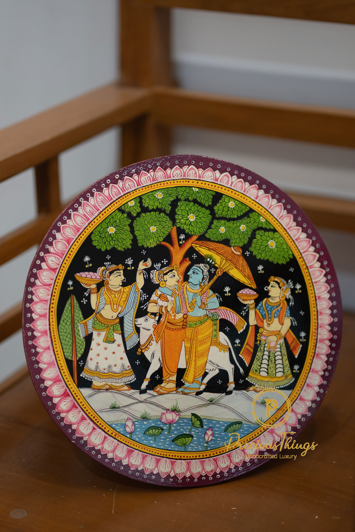 Hand-Painted Radha Krishna Wooden Plate