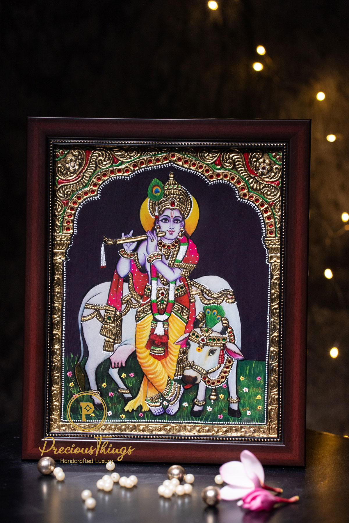 Krishna With Cow Tanjore Painting